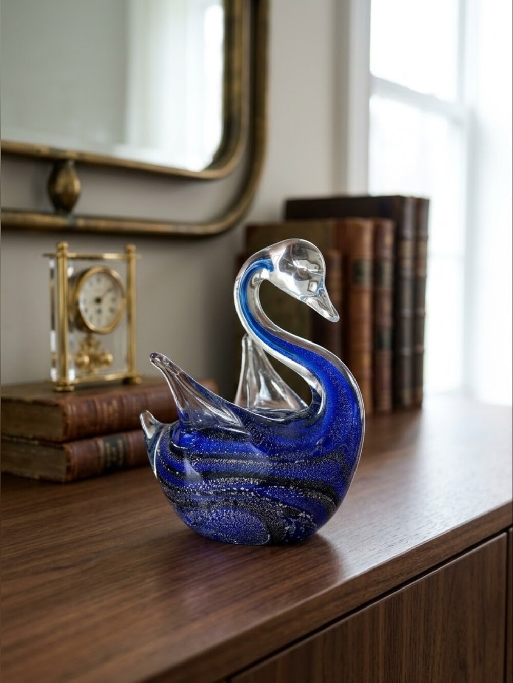 Murano Style Art Glass Swan Figurine - Cobalt Blue Silver Aventurine Swirl, 7"